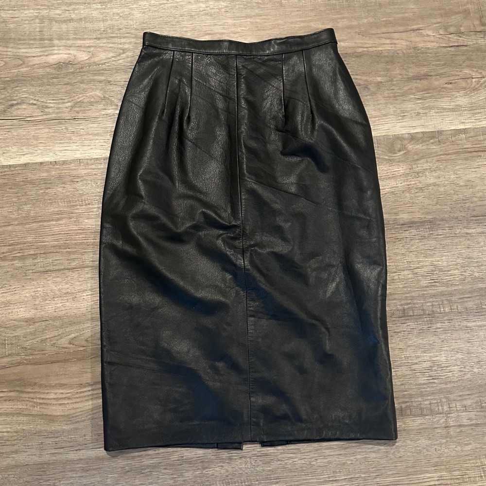 VTG Pia Rucci Black Genuine Leather Midi Pencil Skirt High Waist Pleated Size 6
